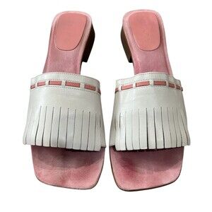 Unisa White Fringed Leather Slide Sandals w Pink Trim  US 10  Coastal Cowgirl